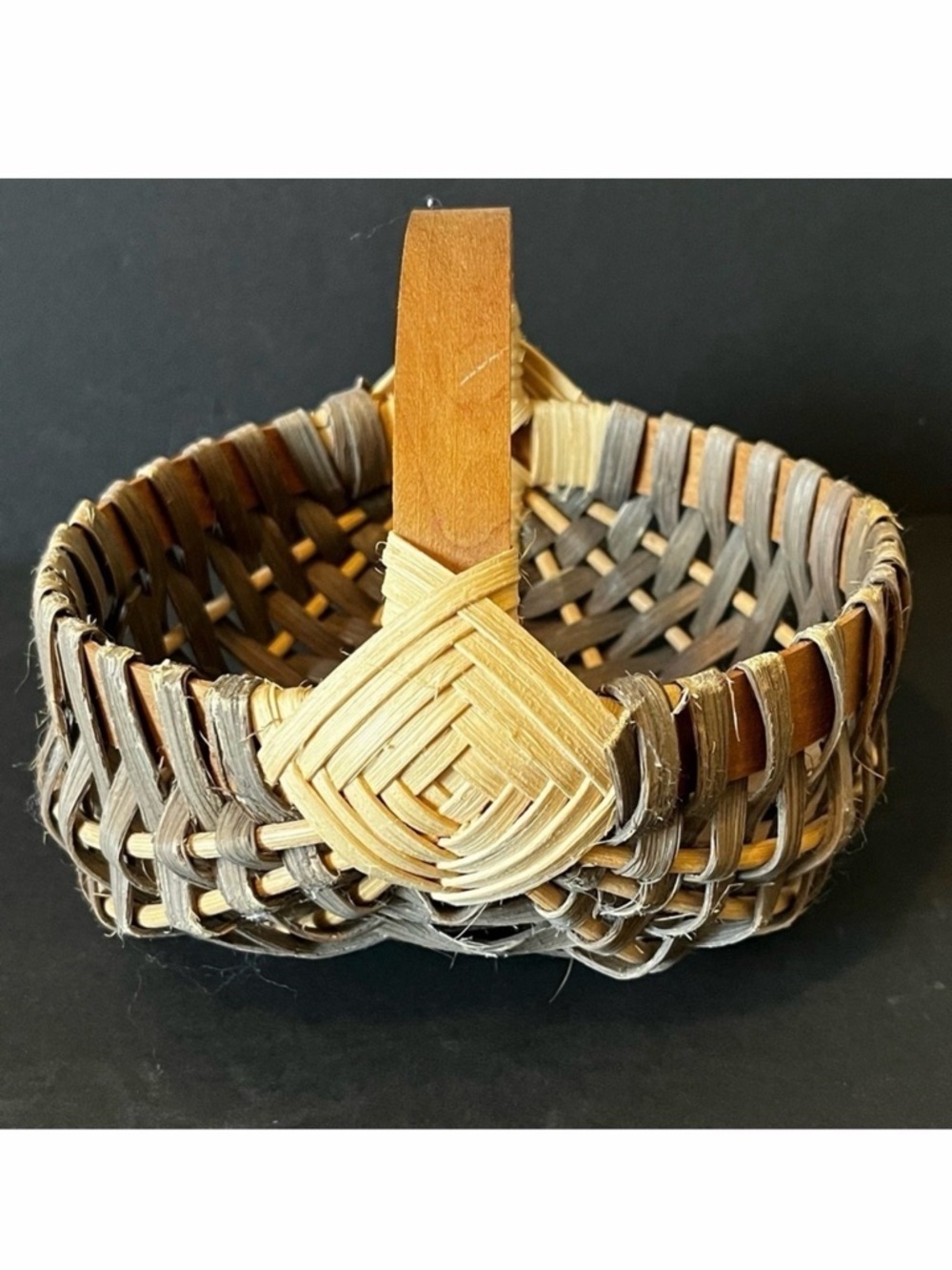 Buttocks Egg Gathering Basket Handmade Small Childs Farmhouse Green Tan Woven